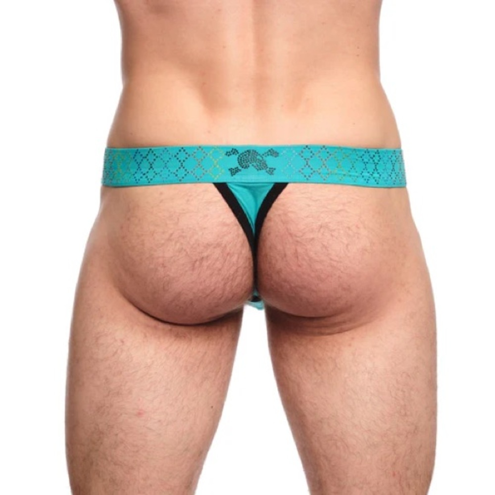 🆕 Skull & Bones Rainbow Crystal Thong Turquoise- XL (34-36” waist) - Picture 6 of 6